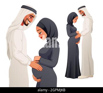 Heureux couple arabe enceinte s'attendant à bébé. Illustration vectorielle. Illustration de Vecteur