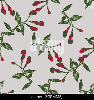 Dessin bourgeons fleurs Fuchsia. Magnifique imprimé fleuri sans couture. Fond d'écran vectoriel d'arrière-plan abstrait nature. Dessin graphique d'illustration botanique. Vert pastel tendance, rouge, gris Illustration de Vecteur