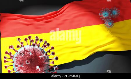 Covid à Wroclaw - coronavirus attaquant un drapeau de la ville de Wroclaw comme un symbole d'un combat et de la lutte contre la pandémie de virus dans cette ville, 3d illustrat Banque D'Images