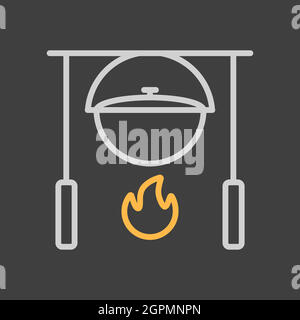 Camping pot sur une icône de vecteur de feu de camp sur fond sombre Illustration de Vecteur