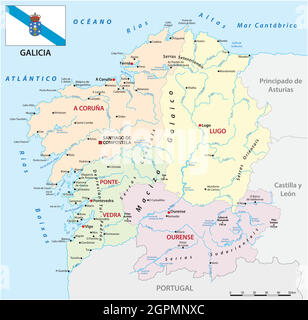 Carte vectorielle administrative des communautés autonomes espagnoles de galice avec drapeau Illustration de Vecteur