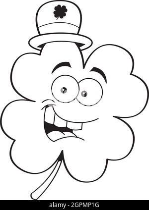 Illustration en noir et blanc d'un shamrock portant un chapeau. Illustration de Vecteur