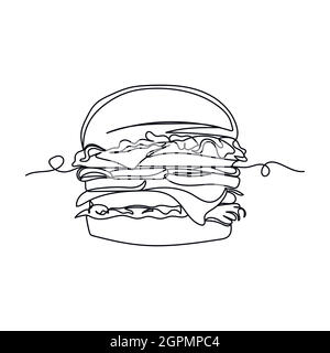 Une ligne continue de hamburger en silhouette. Style minimaliste. Idéal pour les cartes, les invitations de fête, les affiches, les autocollants et les vêtements. Icône abstraite noire. Concept de restauration rapide Illustration de Vecteur