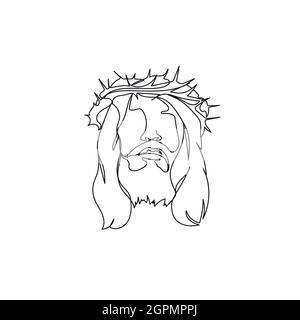 Continue une ligne de Jésus Christ, fils de Dieu, en silhouette. Style minimaliste. Idéal pour les cartes, les invitations de fête, les affiches, les autocollants et les vêtements. Icône abstraite noire. Illustration de Vecteur