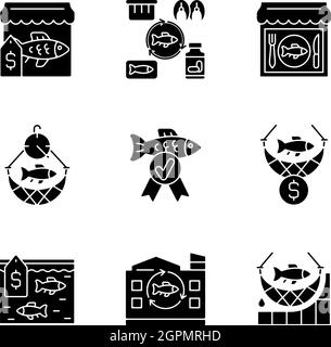 Les icônes de glyphe noir de pêche commerciale sont placées sur un espace blanc Illustration de Vecteur