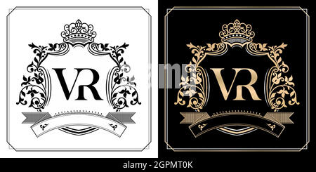 Emblème royal VR avec couronne, lettre initiale et nom graphique cadres bordure des motifs floraux avec deux couleurs différentes, VR Monogram, pour insigne, cadres de lettre initiale, nom de couple de mariage Illustration de Vecteur