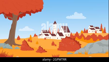 Ville d'automne ou maisons de village en orange parc nature paysage illustration vectorielle. Paysage d'automne de dessin animé avec architecture européenne, bâtiments de ville parmi les arbres d'automne en Europe, fond de paysage urbain Illustration de Vecteur