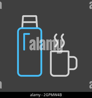 Icône de vecteur de bouteille thermos sur fond sombre. Panneau Camping Illustration de Vecteur