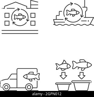 Ensemble d'icônes linéaires de traitement et de transport du poisson Illustration de Vecteur