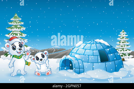 Un dessin animé d'ours polaire agitant la main dans la colline de neige avec igloo Illustration de Vecteur