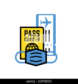 Passeport, billet d'avion, masque de protection. Icône de voyage Illustration de Vecteur