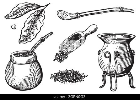 Nécessaire à thé traditionnel. Illustration de style esquisse à l'encre vectorielle dessinée à la main pour un menu de café ou de restaurant, impression. Cérémonie de Yerba MATE avec gourd et bombi Illustration de Vecteur