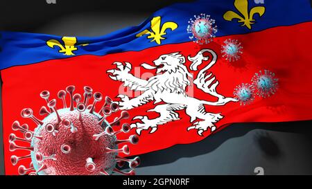 Covid à Lyon France - coronavirus attaquant un drapeau de la ville de Lyon France comme symbole d'un combat et d'une lutte contre la pandémie de virus dans cette ville, 3d i Banque D'Images