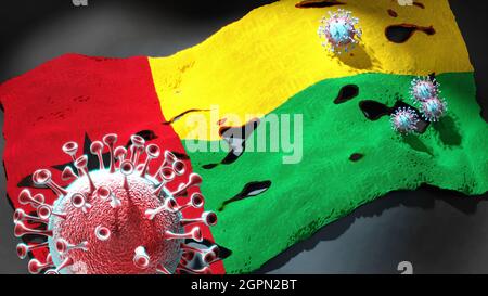 Covid en Guinée-Bissau - coronavirus attaquant un drapeau national de la Guinée-Bissau comme symbole d'une lutte et lutte contre la pandémie du virus dans cette co Banque D'Images