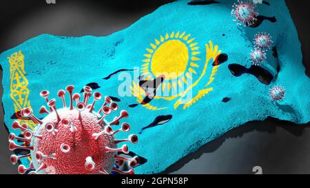Covid au Kazakhstan - coronavirus attaquant un drapeau national du Kazakhstan comme symbole d'un combat et d'une lutte contre la pandémie de virus dans ce pays, Banque D'Images