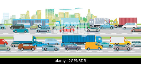 Circulation routière sur l'autoroute en face d'une grande illustration de la ville Illustration de Vecteur