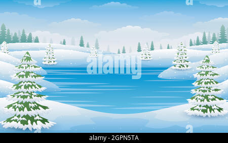 Paysage d'hiver avec lac gelé et sapins Illustration de Vecteur