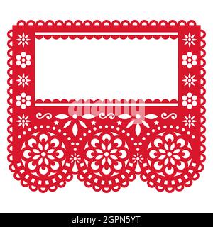 Papel Picado fête guirlande décoration - modèle de conception de vecteur avec espace vide pour le texte, papier mexicain rouge découpé arrière-plan avec des fleurs et geomet Illustration de Vecteur