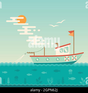 Bateau de pêche sur la mer Illustration de Vecteur