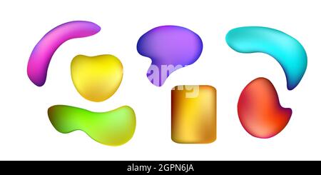 Plastique liquide brillant. Formes 3d liquides avec dégradé de couleur. Définir des éléments liquides futuristes irisés. Motif moderne dégradé amoeba dans Illustration de Vecteur
