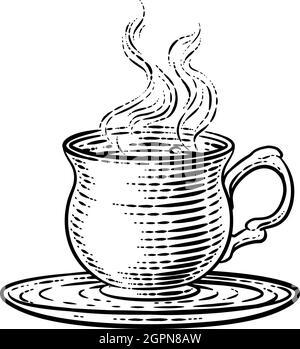 Café thé tasse boisson chaude Mug Retro Woodcut Etching Illustration de Vecteur