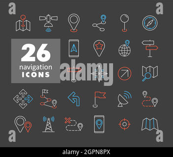 Cartes, emplacement, icônes de vecteur de navigation sur fond sombre Illustration de Vecteur