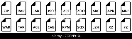 Icône du fichier d'archive. Différents formats de fichiers d'archive. Ensemble d'icônes linéaires. Illustration vectorielle. Illustration de Vecteur