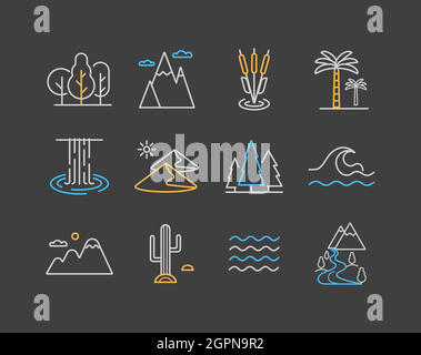 Icônes de vecteur de nature définies sur un arrière-plan sombre. Panneau de paysage Illustration de Vecteur
