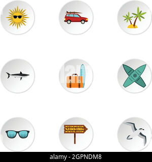 Natation sur surf icons set, style plat Illustration de Vecteur