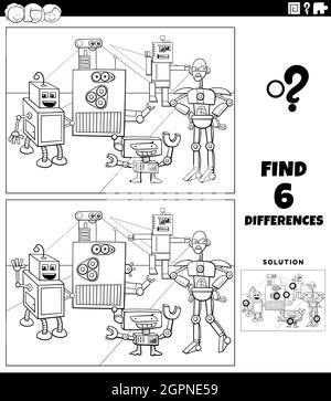 différences jeu éducatif avec robots coloriage livre page Illustration de Vecteur