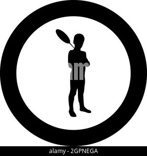 Garçon tient une raquette de badminton mignon jeune enfant tenant debout jouet shuttlecock Happy concept adolescent action sport d'été Camp concept Kid va jouer avoir une silhouette amusante dans le cercle rond noir couleur vecteur illustration image de style Uni de contour Illustration de Vecteur