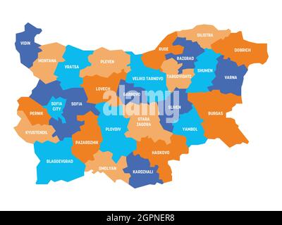 Carte politique colorée de la Bulgarie. Divisions administratives - provinces. Carte vectorielle plate simple avec étiquettes. Illustration de Vecteur