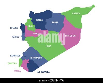 Carte politique colorée de la Syrie. Divisions administratives - gouvernorats. Carte vectorielle plate simple avec étiquettes. Illustration de Vecteur