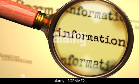 Information et une loupe sur le mot anglais information à symboliser étudier, examiner ou rechercher une explication et des réponses liées à Banque D'Images