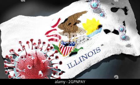 Covid dans l'Illinois - coronavirus attaquant un drapeau d'état de l'Illinois comme un symbole d'un combat et de lutte contre la pandémie de virus dans cet état, 3d illus Banque D'Images