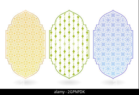 Trois illustrations motif islamique avec cadre isolé sur fond blanc. Applicable pour la bannière, l'affiche, la circulaire, les cartes de vœux, l'invitation. Illustration de Vecteur