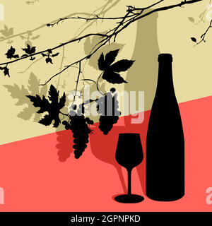 Feuilles de vigne, lunettes de vin et bouteille Illustration de Vecteur