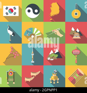 La Corée du Sud billet icons set, style plat Illustration de Vecteur