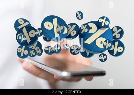 rendu 3d des symboles de pourcentage beige sur les cercles bleus au-dessus d'un smartphone dans une main Banque D'Images