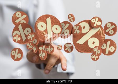 rendu 3d des symboles de pourcentage beige sur les cercles bruns touchés par une main sur un fond blanc Banque D'Images