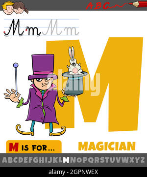Lettre M de l'alphabet avec personnage magicien de dessin animé Illustration de Vecteur