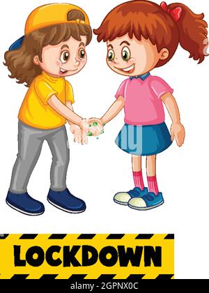 Deux personnages de dessin animé pour enfants ne gardent pas de distance avec la police Lockdown isolée sur l'illustration d'arrière-plan blanche Illustration de Vecteur