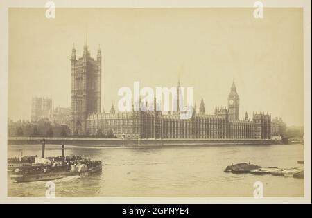 Chambres du Parlement, 1850-1900. [Bateaux à vapeur sur la Tamise à Westminster]. Imprimé albumine, de l'album "Views of London". Banque D'Images