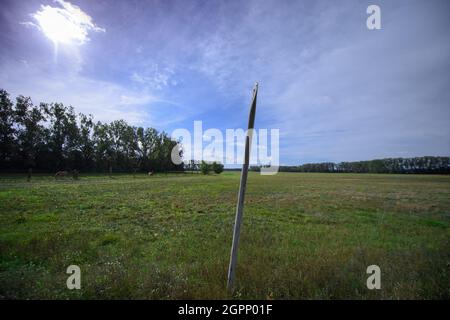 30 septembre 2021, Brandebourg, Zehdenick/OT Wesendorf: Une pile de fer est coincée dans le sol au bord d'un pré. La société danoise Jasper Resources veut commencer à forer du gaz naturel juste à l'extérieur du village, peut-être pour produire du gaz pendant 30 ans. En 2018, les premiers essais sismiques ont été réalisés dans les environs. L'initiative citoyenne craint pour la qualité de l'eau et le tourisme dans la région. Photo: Soeren Stache/dpa-Zentralbild/dpa Banque D'Images