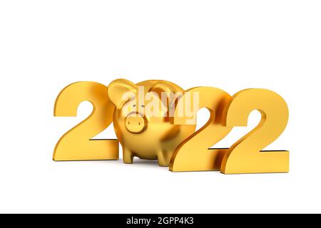 Bonne année 2022 concept: Lettres d'or 2*22 et une piggybank entre. Isolé sur blanc. Banque D'Images