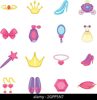 Poupée princesse icons set, cartoon style Illustration de Vecteur