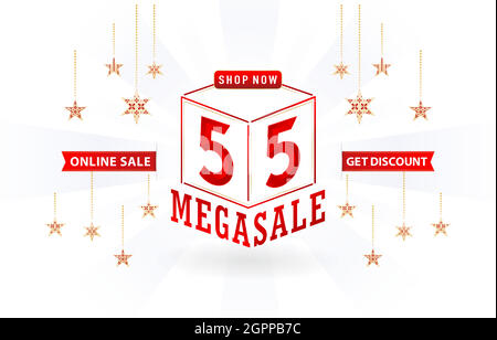 Solde 5.5, MEGA SALE, texte cube de vente 3d, symbole de numéro de modèle de cube ruban rouge avec arrière-plan isolé, affiche de boutique en ligne, pour affiche, prospectus, bannière de médias sociaux, magasin de promotion des étiquettes, bannière web Illustration de Vecteur