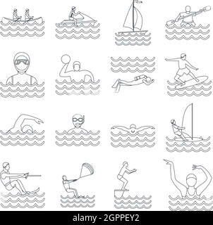 Sport d'eau, style contour icons set Illustration de Vecteur