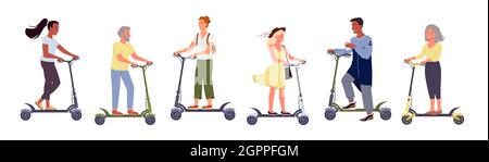 Personnes sur le scooter électrique, alternative ECO City transport illustration vecteur. Caricature homme femme personnages monter à bord de scooters électriques modernes, jeunes personnes âgées collection isolée sur blanc Illustration de Vecteur