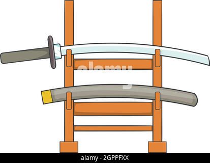 Katana sur un support en bois, l'icône de style cartoon Illustration de Vecteur